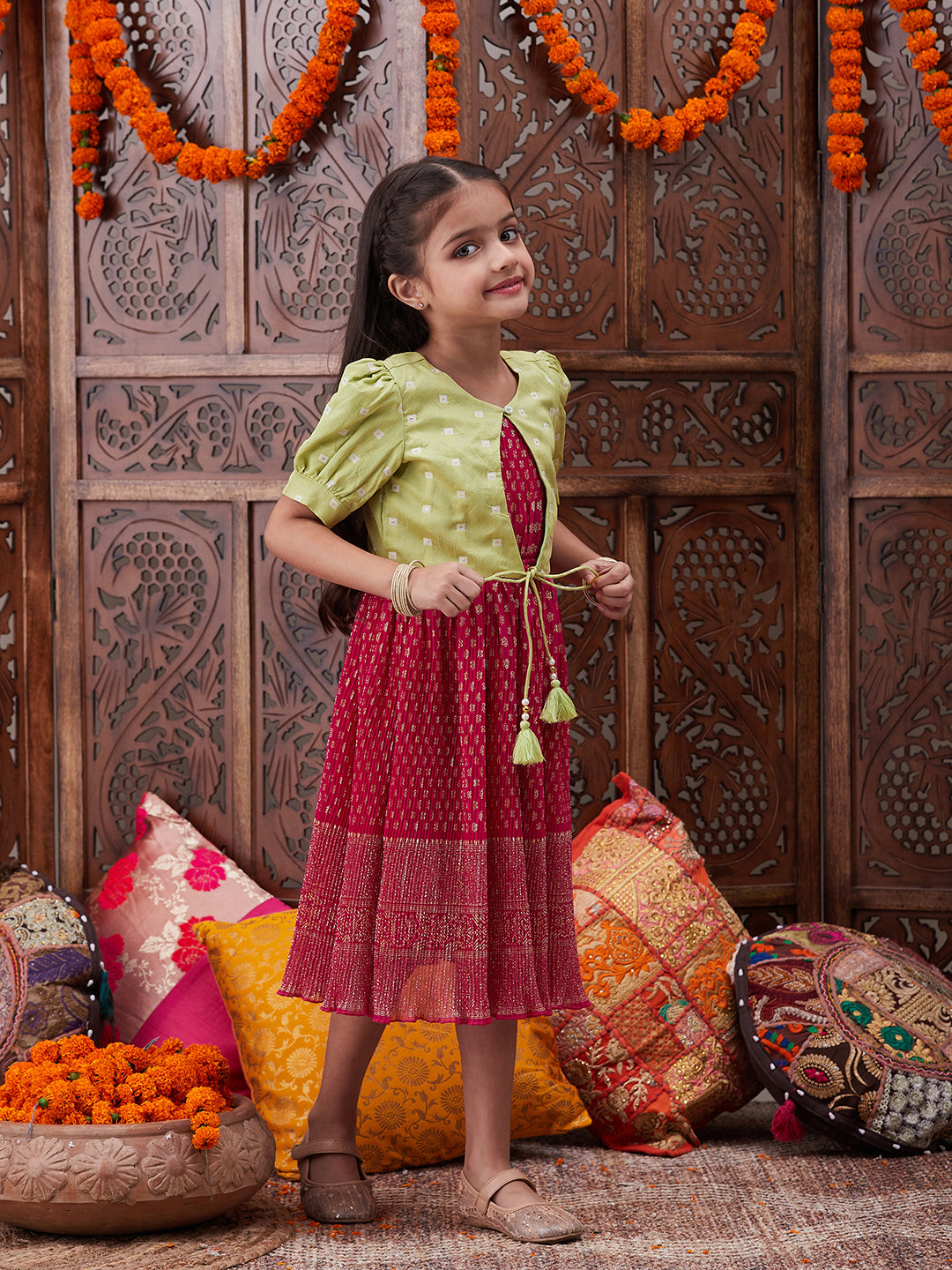 Girls Floral Printed Georgette Fit Flare Midi Ethnic Dress (IW-MAGENTACRINKLED)