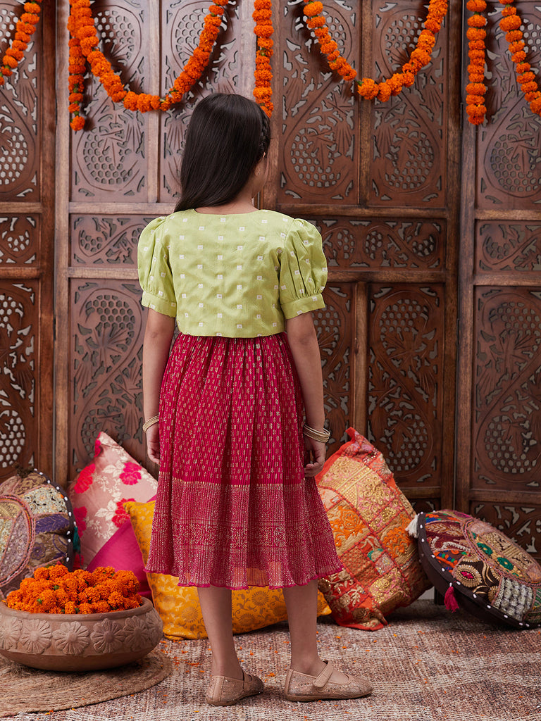 Girls Floral Printed Georgette Fit Flare Midi Ethnic Dress (IW-MAGENTACRINKLED)