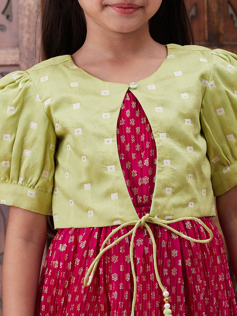 Girls Floral Printed Georgette Fit Flare Midi Ethnic Dress (IW-MAGENTACRINKLED)