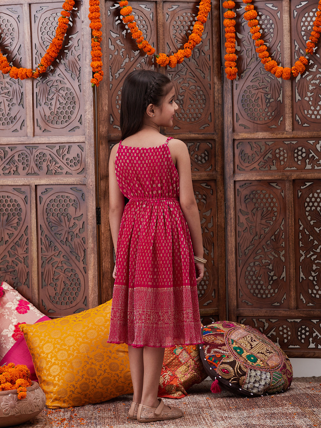 Girls Floral Printed Georgette Fit Flare Midi Ethnic Dress (IW-MAGENTACRINKLED)