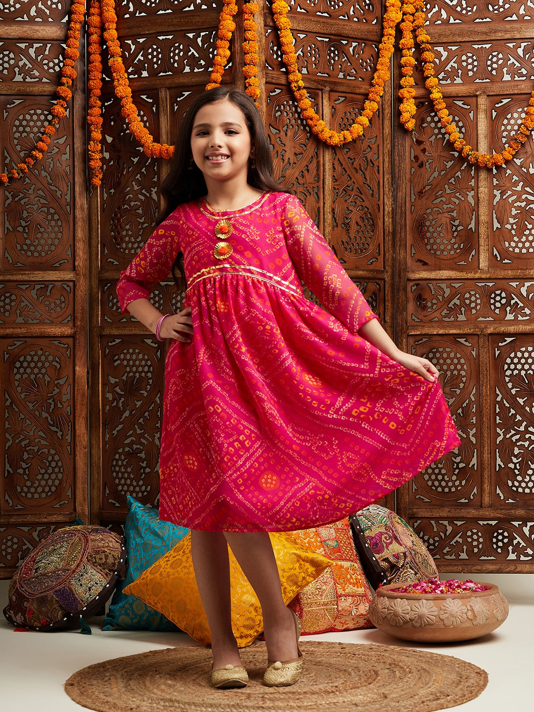 Pspeaches Girls Printed Fit & Flare Georgette Ethnic Dress (IW-MAGENTAGGT)