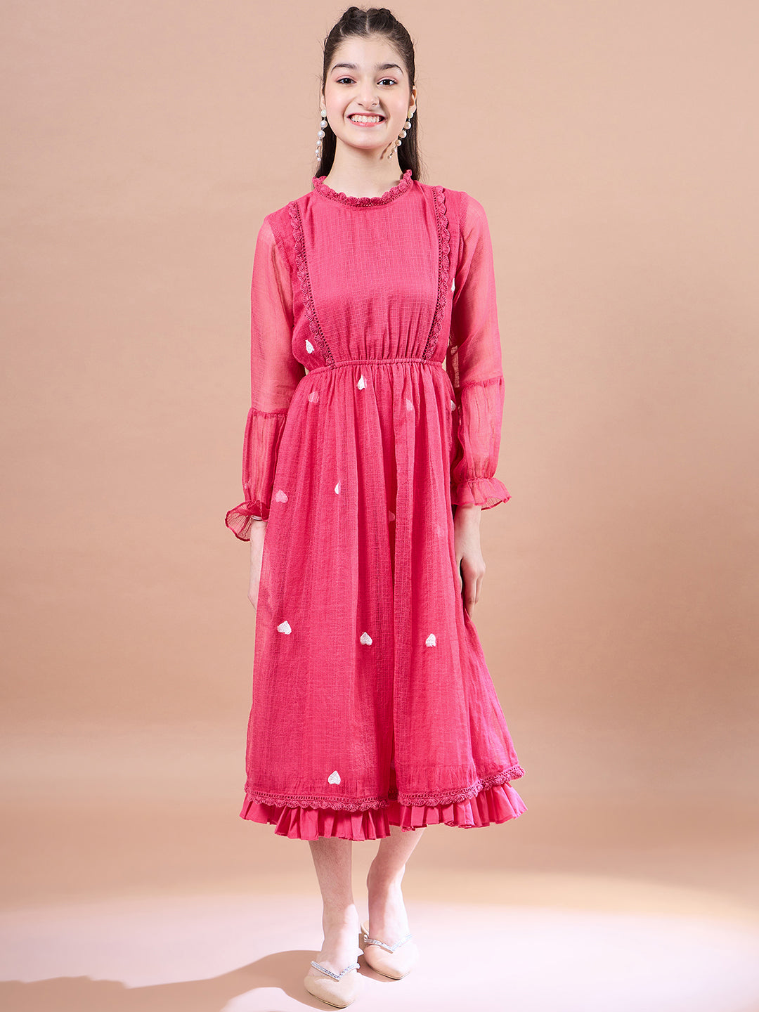 Girls Round Neck Puff Sleeves Fit & Flare Midi Length Cotton fabric Dress (IW-MAGENTAKOTAEMB)