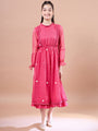 Girls Round Neck Puff Sleeves Fit & Flare Midi Length Cotton fabric Dress (IW-MAGENTAKOTAEMB)