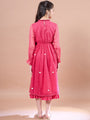 Girls Round Neck Puff Sleeves Fit & Flare Midi Length Cotton fabric Dress (IW-MAGENTAKOTAEMB)