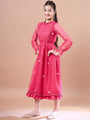 Girls Round Neck Puff Sleeves Fit & Flare Midi Length Cotton fabric Dress (IW-MAGENTAKOTAEMB)