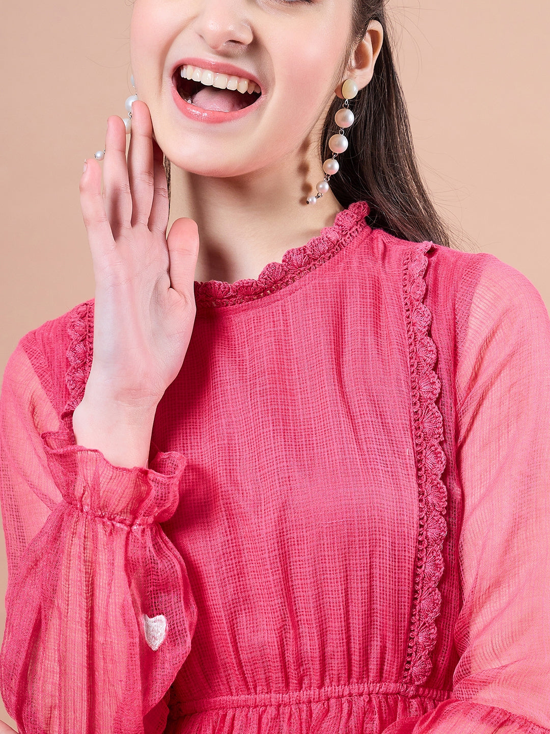 Girls Round Neck Puff Sleeves Fit & Flare Midi Length Cotton fabric Dress (IW-MAGENTAKOTAEMB)