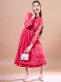 Girls Round Neck Puff Sleeves Fit & Flare Midi Length Cotton fabric Dress (IW-MAGENTAKOTAEMB)