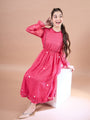 Girls Round Neck Puff Sleeves Fit & Flare Midi Length Cotton fabric Dress (IW-MAGENTAKOTAEMB)