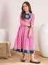 Magenta & blue geometric printed print fit & flare dress Printed Cotton Round neck Midi Dress (IW-MAGZIGZAG)
