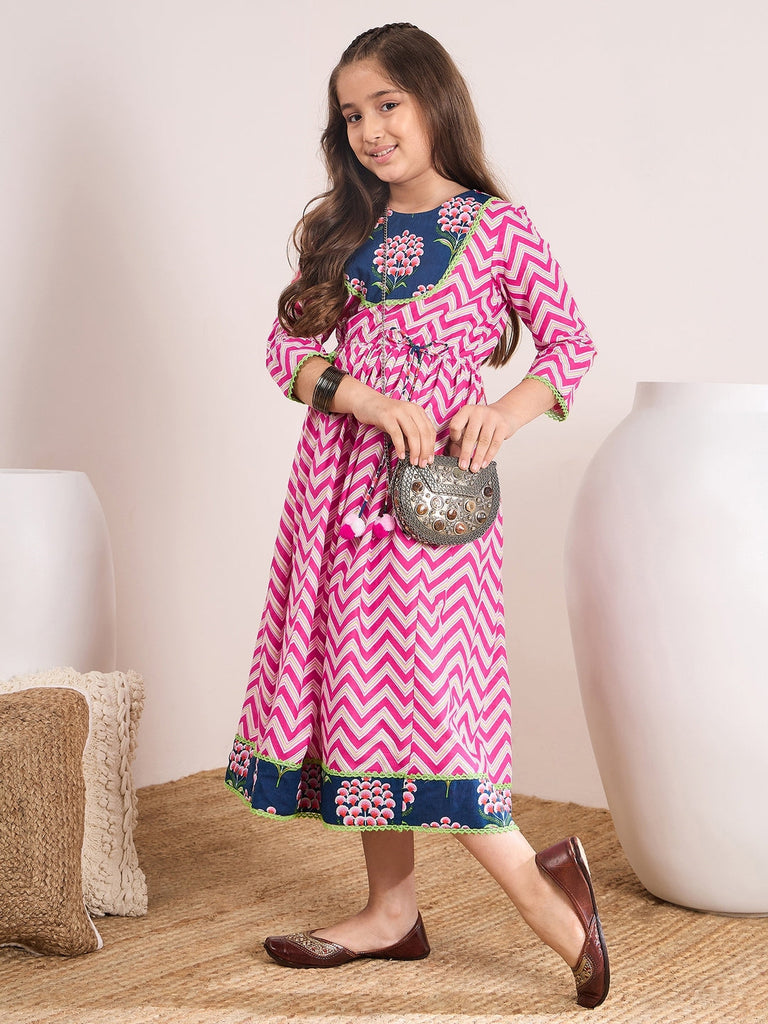 Magenta & blue geometric printed print fit & flare dress Printed Cotton Round neck Midi Dress (IW-MAGZIGZAG)