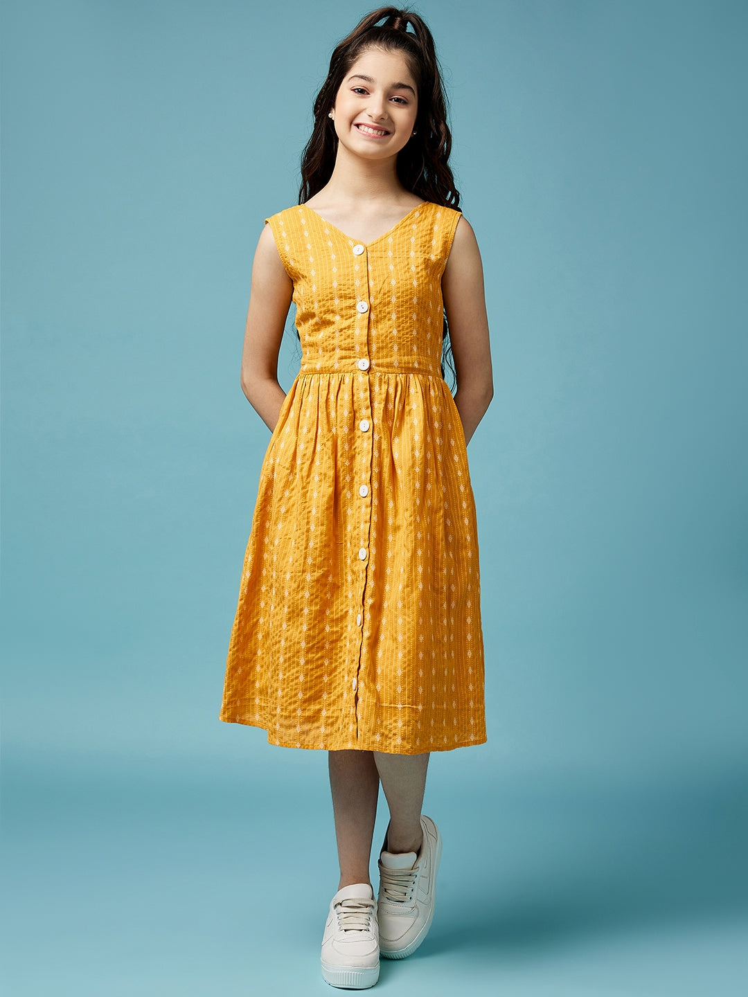 Girls Printed Cotton A-Line Midi Dress (IW-MUSTARDDOBBY)