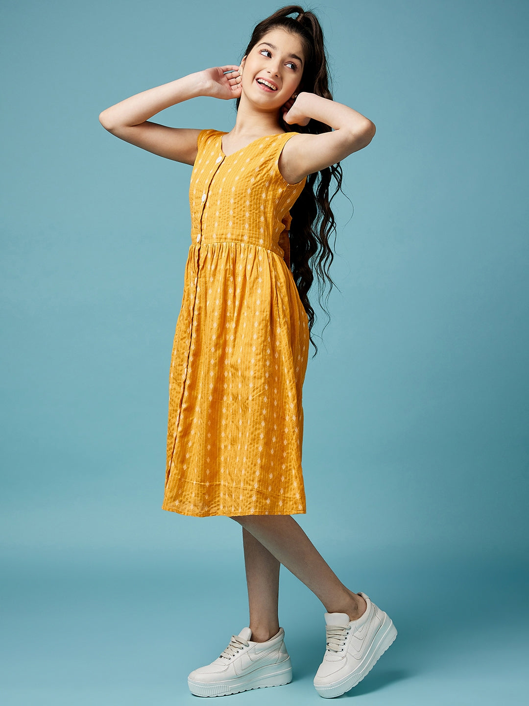 Girls Printed Cotton A-Line Midi Dress (IW-MUSTARDDOBBY)