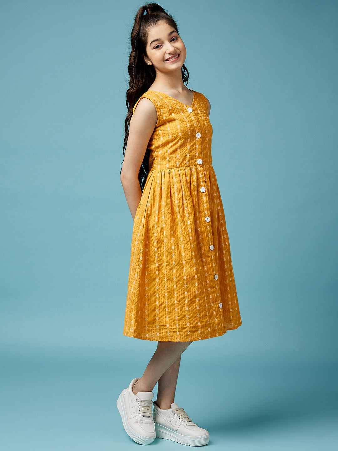 Girls Printed Cotton A-Line Midi Dress (IW-MUSTARDDOBBY)
