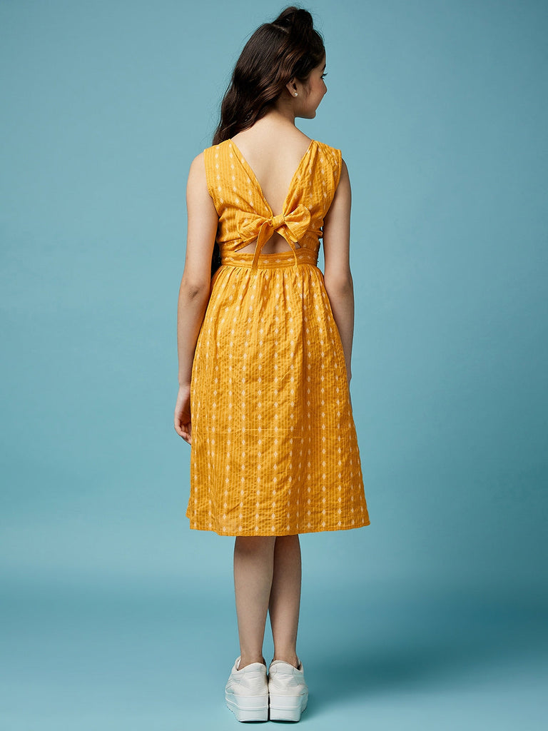 Girls Printed Cotton A-Line Midi Dress (IW-MUSTARDDOBBY)