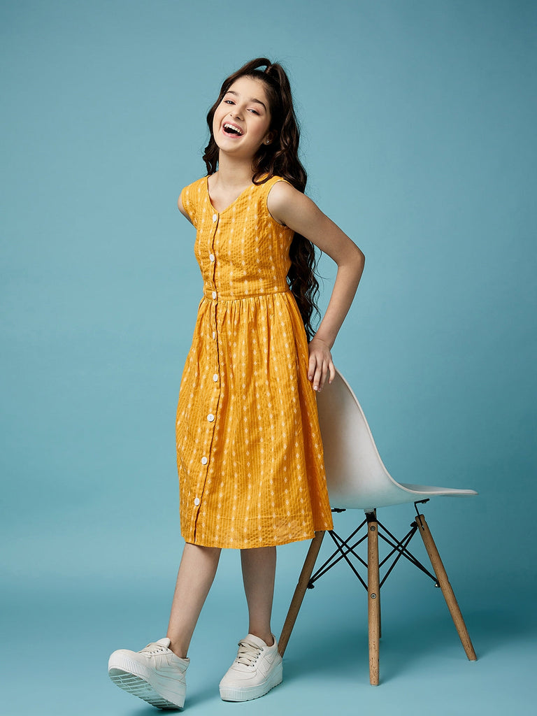 Girls Printed Cotton A-Line Midi Dress (IW-MUSTARDDOBBY)