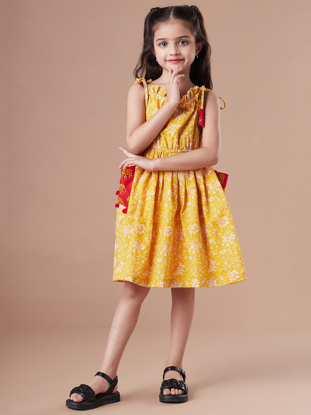 Girls Floral Printed Fit & Flare Cotton Dress (IW-MUSTARDOFFWHITE)
