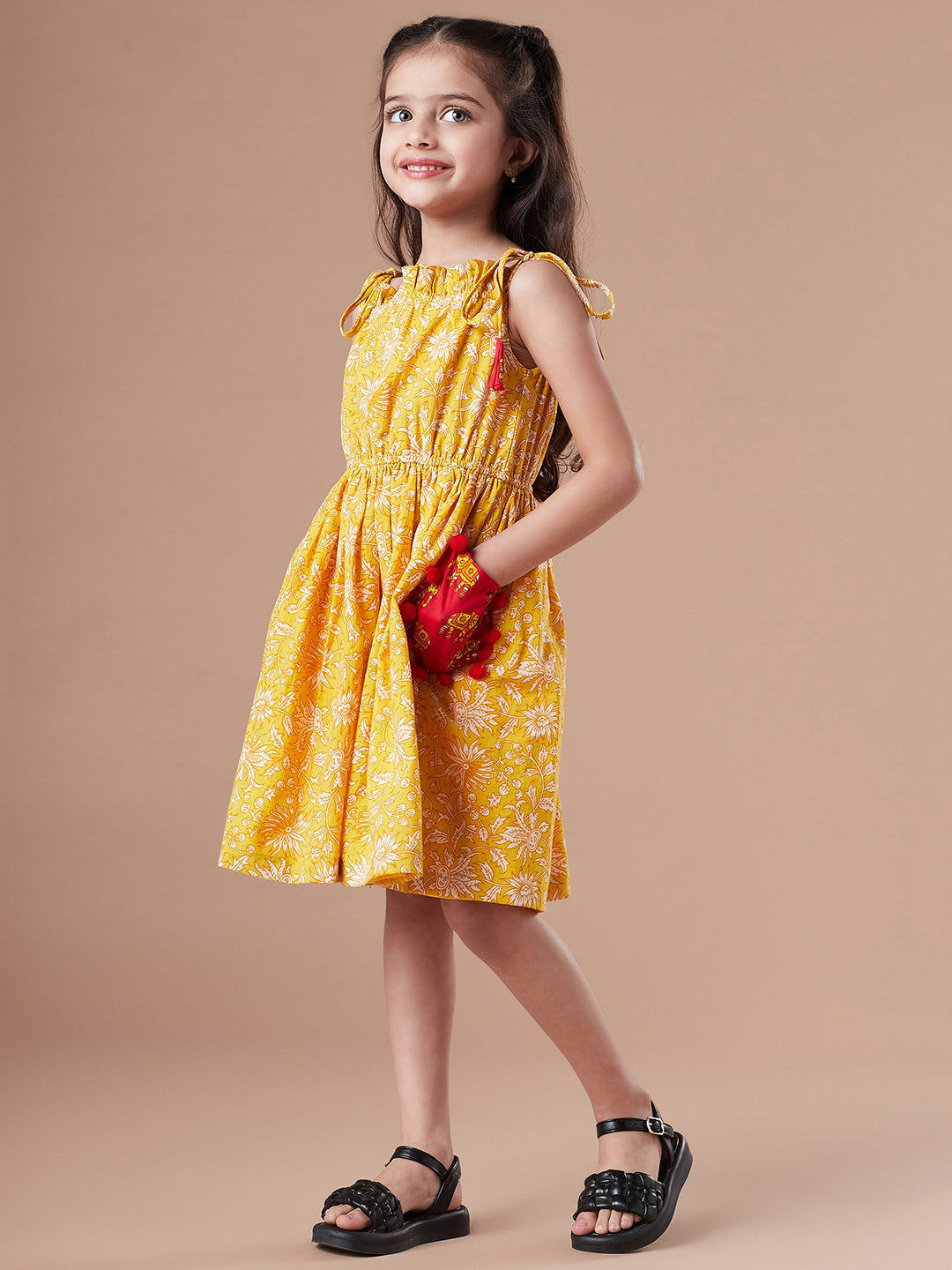 Girls Floral Printed Fit & Flare Cotton Dress (IW-MUSTARDOFFWHITE)