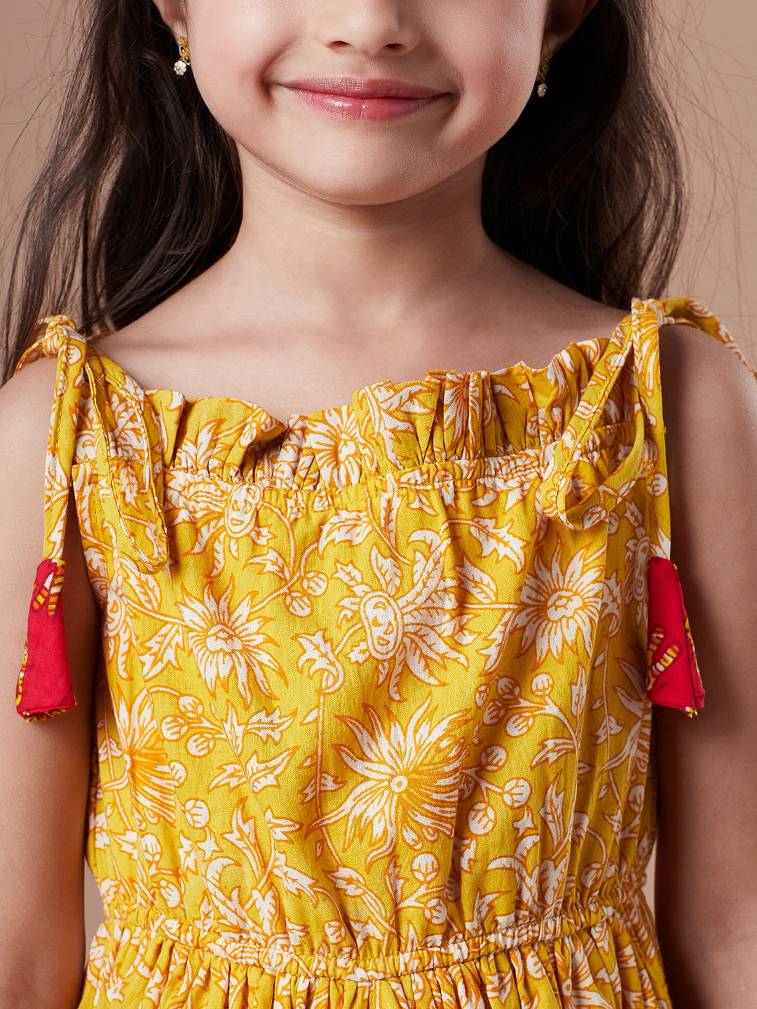 Girls Floral Printed Fit & Flare Cotton Dress (IW-MUSTARDOFFWHITE)
