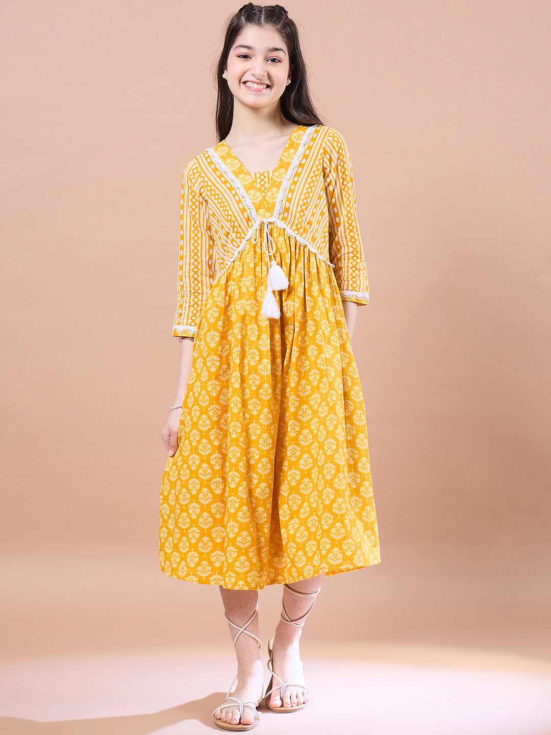 Girls Yellow ethnic motifs print Cotton a-line dress V-Neck Three-quarter sleeves Midi Dress (IW-MUSTARDSTRIPEYOKE)