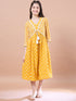 Girls Yellow ethnic motifs print Cotton a-line dress V-Neck Three-quarter sleeves Midi Dress (IW-MUSTARDSTRIPEYOKE)