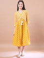 Girls Yellow ethnic motifs print Cotton a-line dress V-Neck Three-quarter sleeves Midi Dress (IW-MUSTARDSTRIPEYOKE)