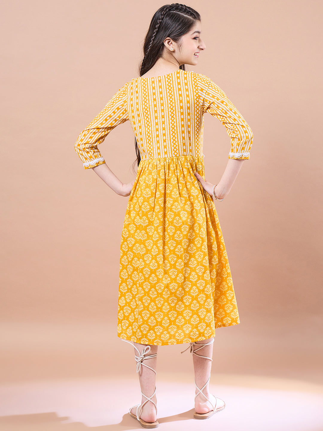 Girls Yellow ethnic motifs print Cotton a-line dress V-Neck Three-quarter sleeves Midi Dress (IW-MUSTARDSTRIPEYOKE)