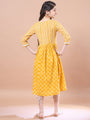 Girls Yellow ethnic motifs print Cotton a-line dress V-Neck Three-quarter sleeves Midi Dress (IW-MUSTARDSTRIPEYOKE)