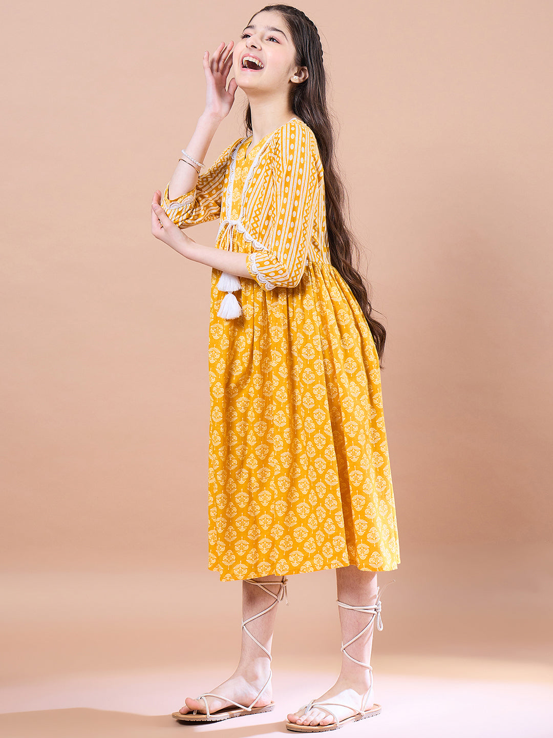 Girls Yellow ethnic motifs print Cotton a-line dress V-Neck Three-quarter sleeves Midi Dress (IW-MUSTARDSTRIPEYOKE)
