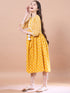 Girls Yellow ethnic motifs print Cotton a-line dress V-Neck Three-quarter sleeves Midi Dress (IW-MUSTARDSTRIPEYOKE)