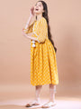 Girls Yellow ethnic motifs print Cotton a-line dress V-Neck Three-quarter sleeves Midi Dress (IW-MUSTARDSTRIPEYOKE)