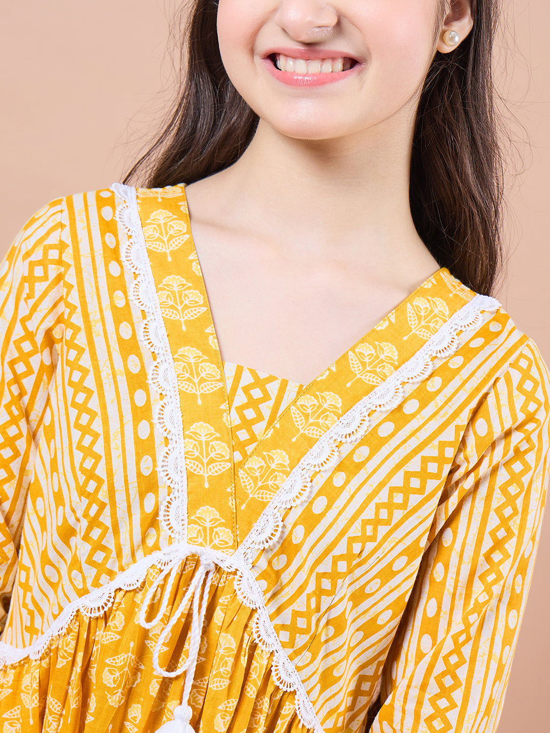 Girls Yellow ethnic motifs print Cotton a-line dress V-Neck Three-quarter sleeves Midi Dress (IW-MUSTARDSTRIPEYOKE)