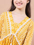 Girls Yellow ethnic motifs print Cotton a-line dress V-Neck Three-quarter sleeves Midi Dress (IW-MUSTARDSTRIPEYOKE)