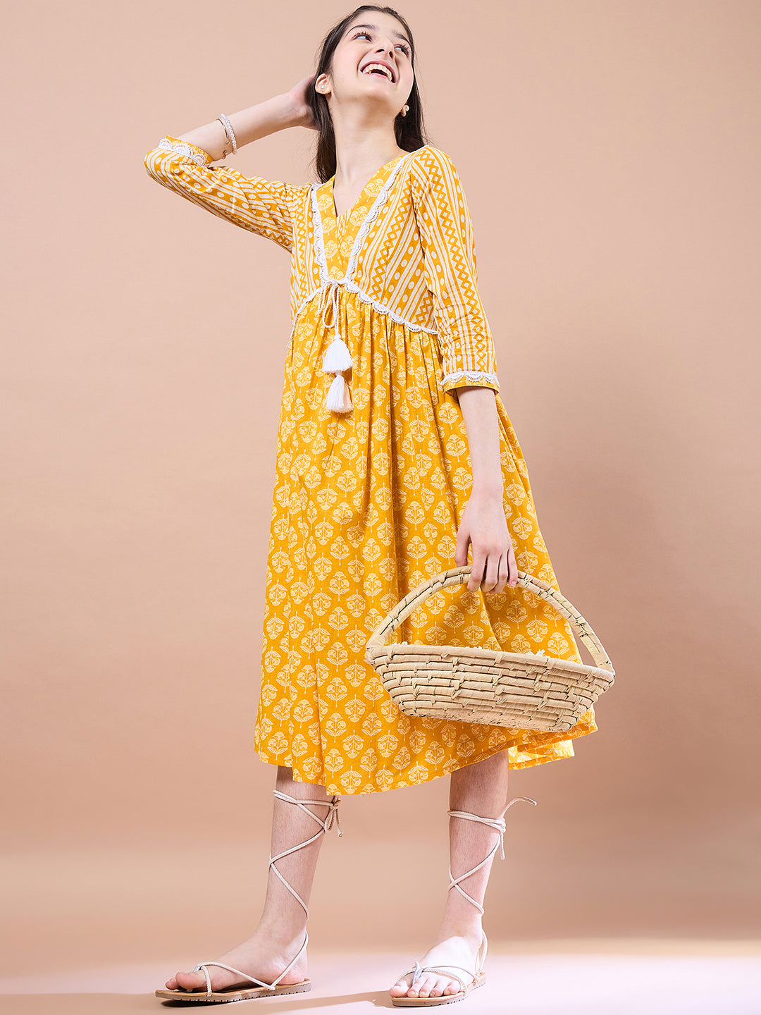 Girls Yellow ethnic motifs print Cotton a-line dress V-Neck Three-quarter sleeves Midi Dress (IW-MUSTARDSTRIPEYOKE)