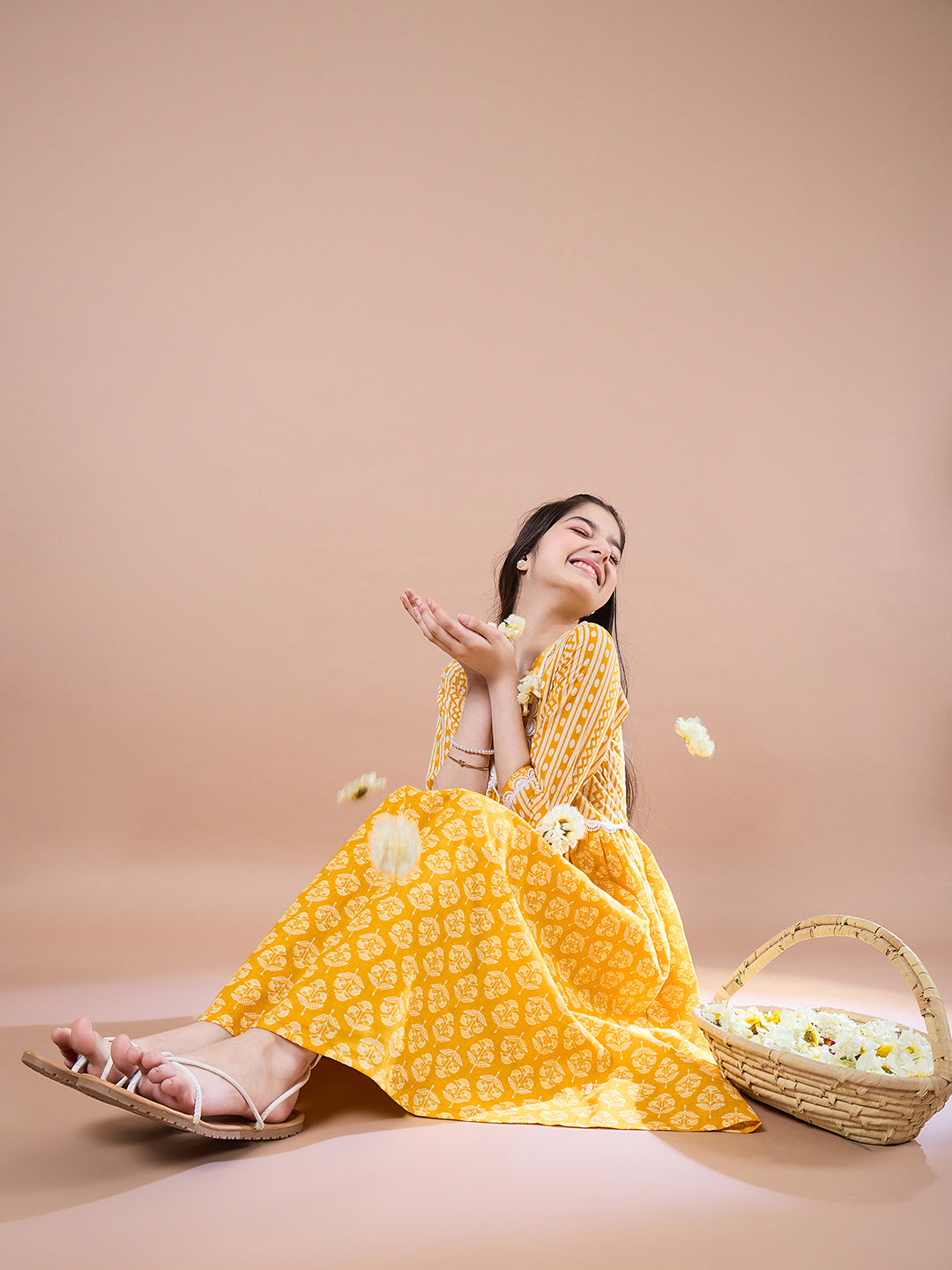 Girls Yellow ethnic motifs print Cotton a-line dress V-Neck Three-quarter sleeves Midi Dress (IW-MUSTARDSTRIPEYOKE)