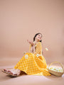 Girls Yellow ethnic motifs print Cotton a-line dress V-Neck Three-quarter sleeves Midi Dress (IW-MUSTARDSTRIPEYOKE)