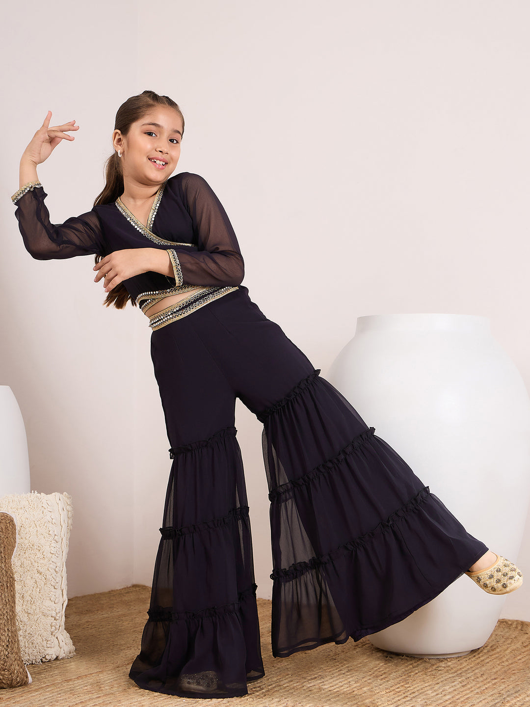 Girls V-Neck Top with Palazzos (IW-NAVYGGTCORD)