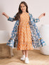 Girls Orange,blue & white floral print fit & flare Round neck Sleeveless Cotton Midi Dress (IW-ORANGEBOOTICAPE)