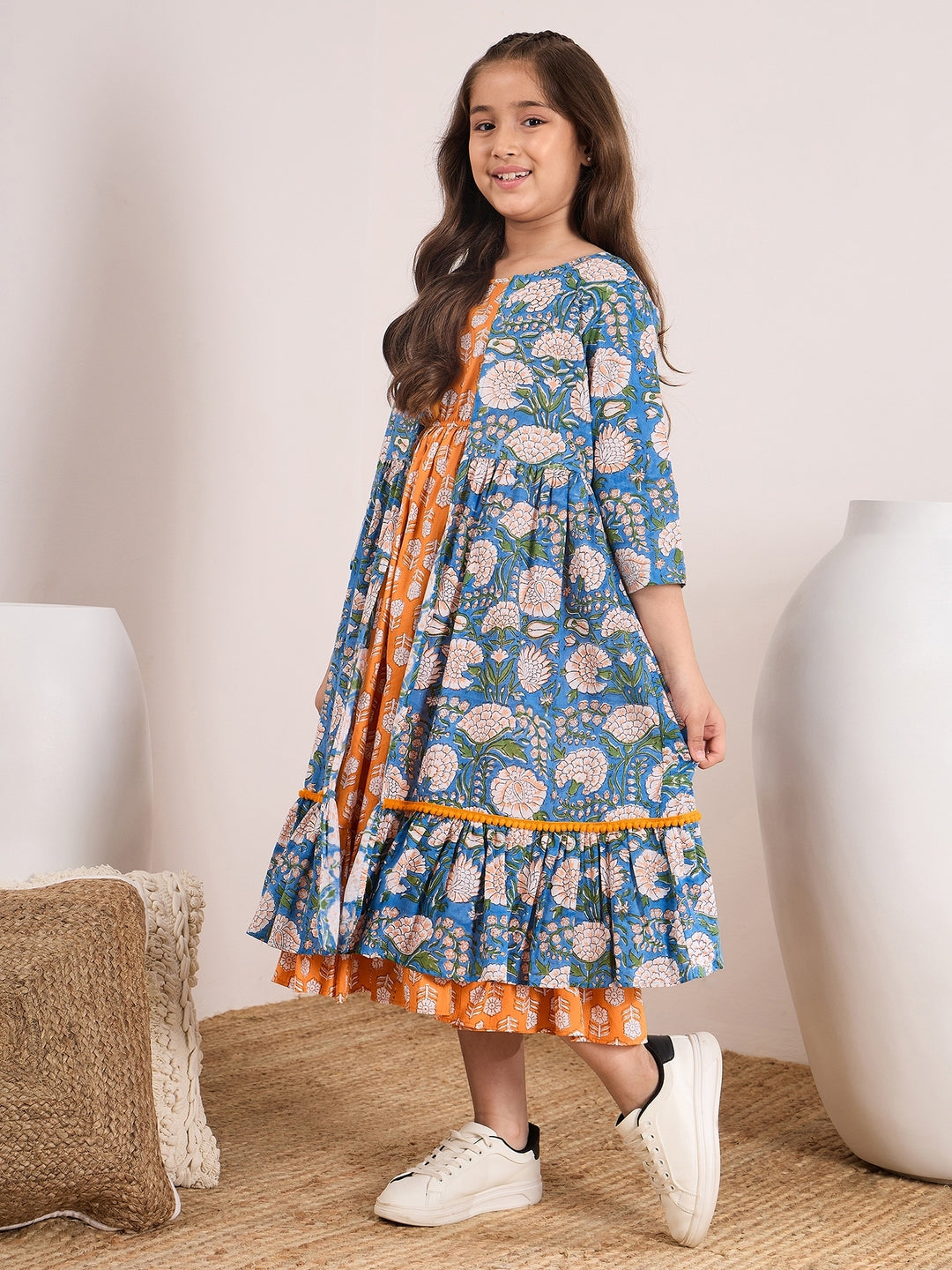 Girls Orange,blue & white floral print fit & flare Round neck Sleeveless Cotton Midi Dress (IW-ORANGEBOOTICAPE)