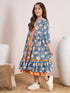 Girls Orange,blue & white floral print fit & flare Round neck Sleeveless Cotton Midi Dress (IW-ORANGEBOOTICAPE)