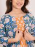 Girls Orange,blue & white floral print fit & flare Round neck Sleeveless Cotton Midi Dress (IW-ORANGEBOOTICAPE)