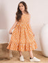 Girls Orange,blue & white floral print fit & flare Round neck Sleeveless Cotton Midi Dress (IW-ORANGEBOOTICAPE)