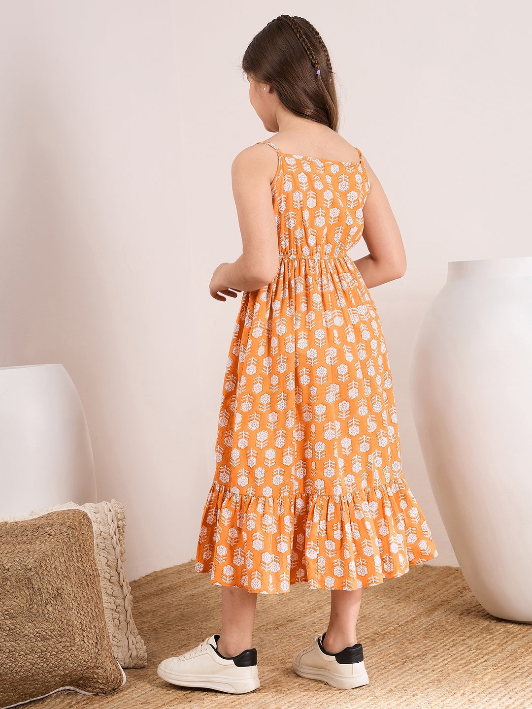 Girls Orange,blue & white floral print fit & flare Round neck Sleeveless Cotton Midi Dress (IW-ORANGEBOOTICAPE)