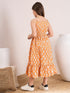 Girls Orange,blue & white floral print fit & flare Round neck Sleeveless Cotton Midi Dress (IW-ORANGEBOOTICAPE)