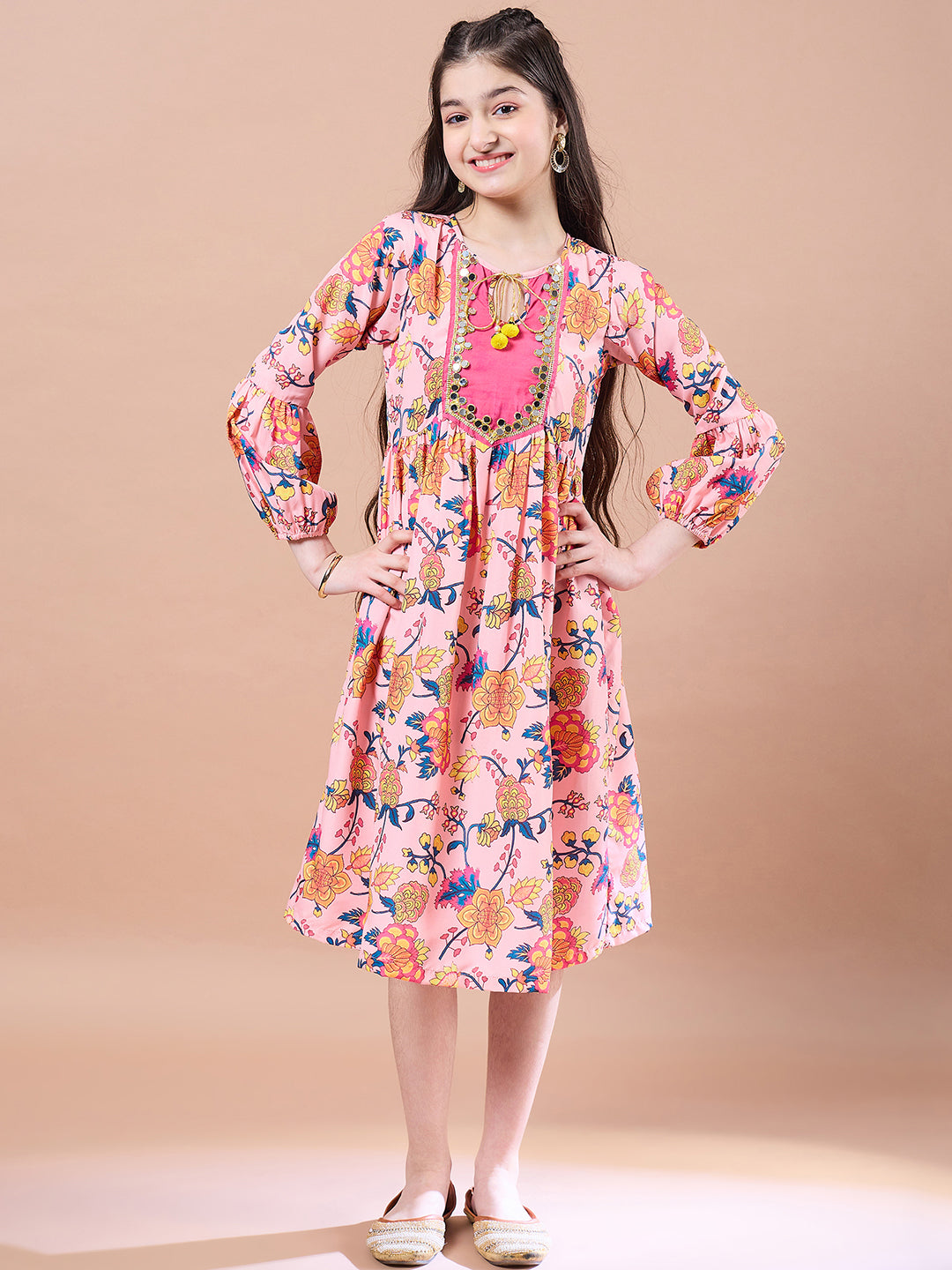 Girls Peach-coloured floral print empire dress Round neck Bell Sleeve Empire Midi Dress (IW-PEACHBLUEFLORAL)