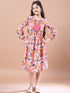 Girls Peach-coloured floral print empire dress Round neck Bell Sleeve Empire Midi Dress (IW-PEACHBLUEFLORAL)