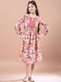 Girls Peach-coloured floral print empire dress Round neck Bell Sleeve Empire Midi Dress (IW-PEACHBLUEFLORAL)