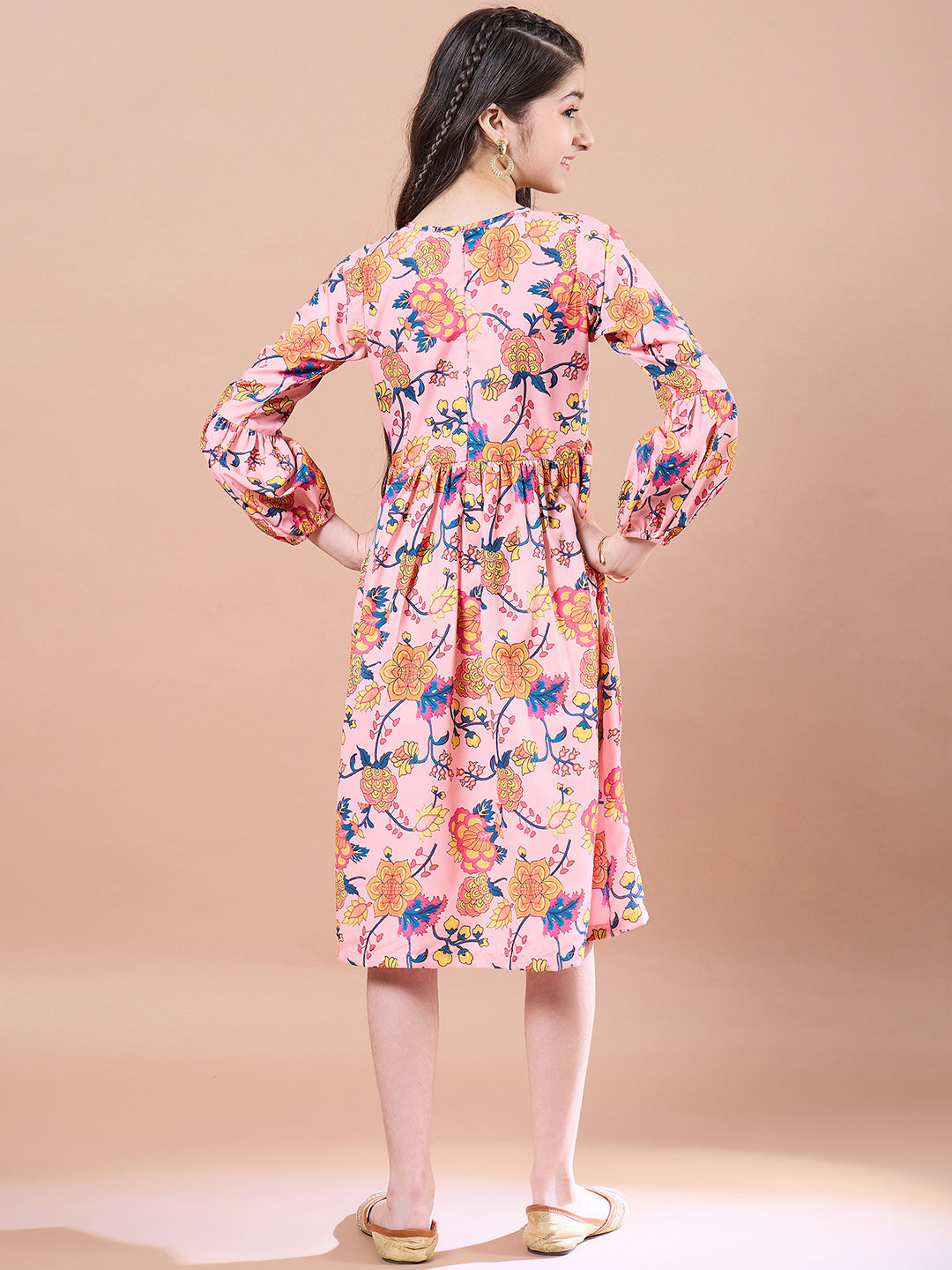 Girls Peach-coloured floral print empire dress Round neck Bell Sleeve Empire Midi Dress (IW-PEACHBLUEFLORAL)