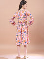Girls Peach-coloured floral print empire dress Round neck Bell Sleeve Empire Midi Dress (IW-PEACHBLUEFLORAL)