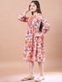 Girls Peach-coloured floral print empire dress Round neck Bell Sleeve Empire Midi Dress (IW-PEACHBLUEFLORAL)