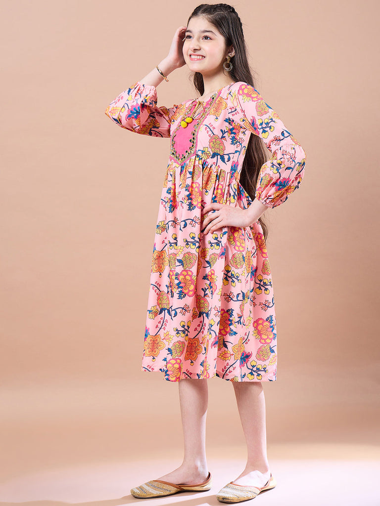Girls Peach-coloured floral print empire dress Round neck Bell Sleeve Empire Midi Dress (IW-PEACHBLUEFLORAL)
